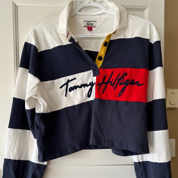 Tommy Hilfiger Navy and White Striped Crop Top - Picture 1 of 7